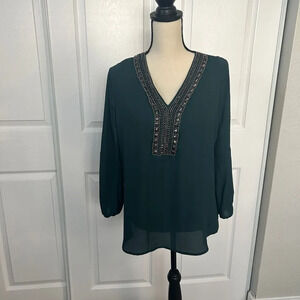 Venus Green‎ Embellished Beaded Blouse Womens Medium Open Sleeve Top Chic
